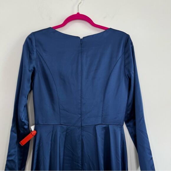 Mac Duggal 26613 Satin V Neck Long Sleeve Pleated Gown - Picture 9 of 10